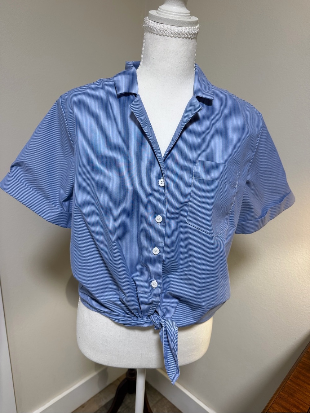 French Connection Blue Pinstripe Tie-Front Button-Down Shirt